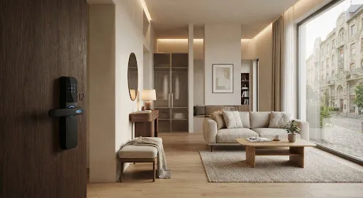 Bright, modern city-centre apartment with a smart lock on the door